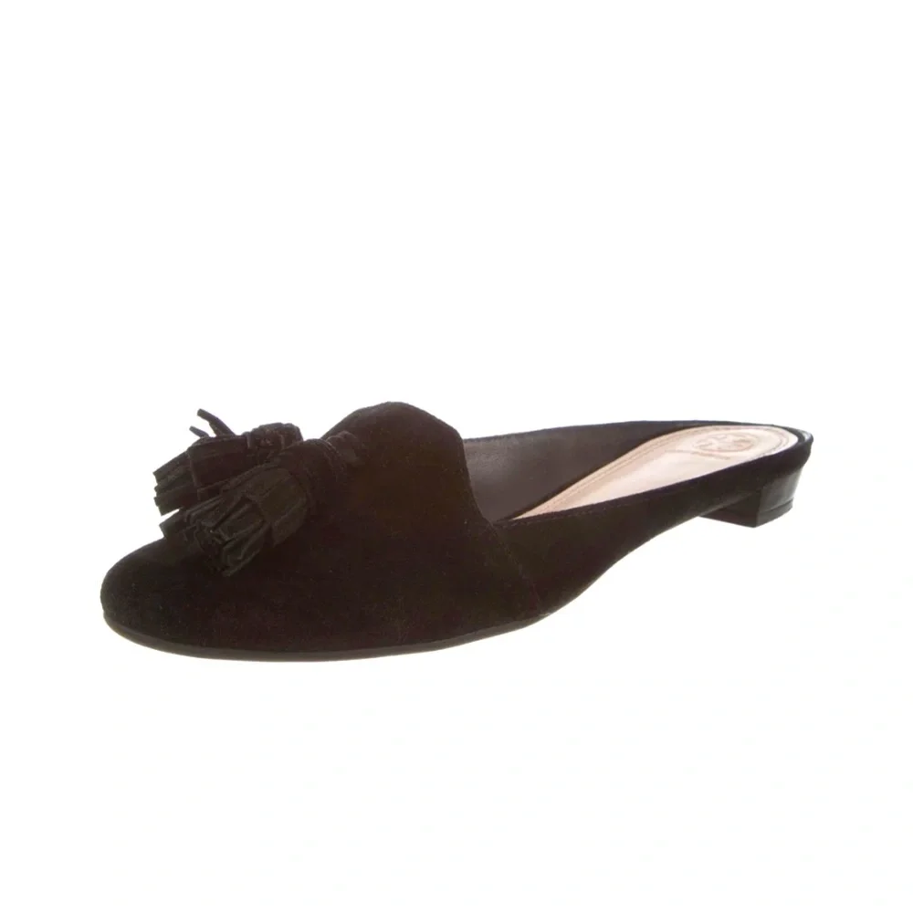 Tory Burch Salinas Tassel Mule Black Suede Slide Size 9